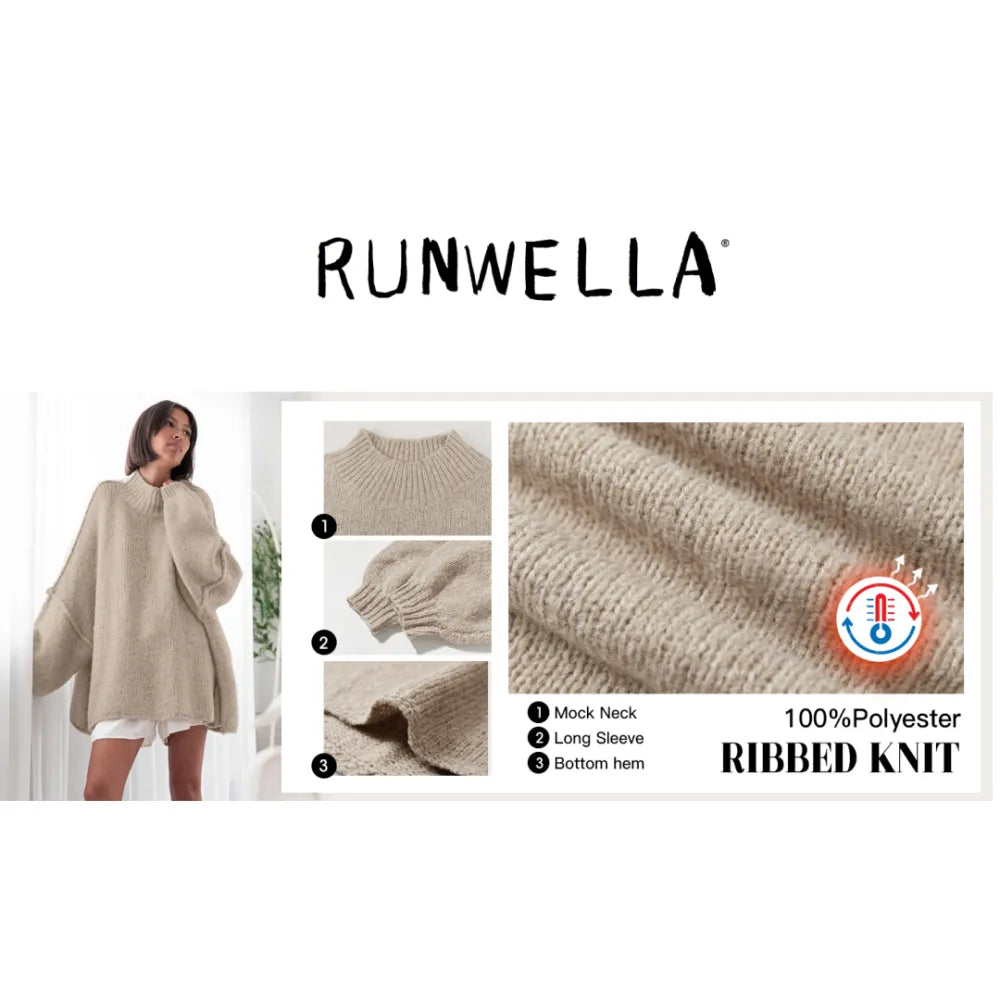 ✨Womens Oversized Mock Neck Batwing Long Sleeve Ribbed Knit Casual Tunic Sweater🔥