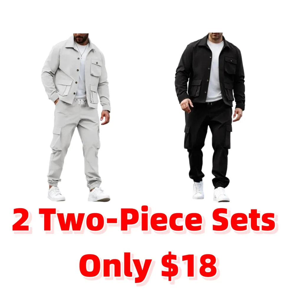 Men's Solid Color Pocket Button Front Shirt & Pants Two-Piece Set
