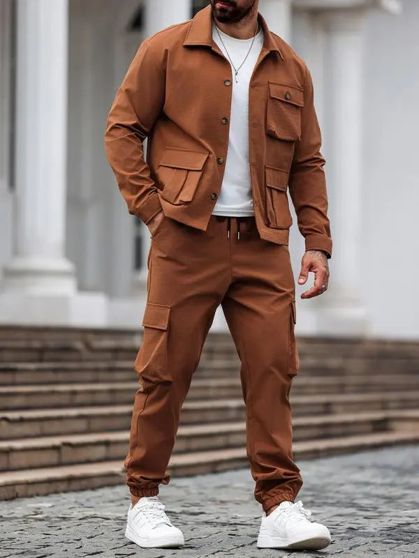 Men's Solid Color Pocket Button Front Shirt & Pants Two-Piece Set