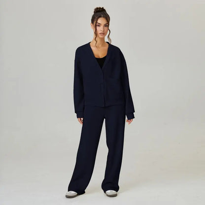 Women's Slouchy Solid Color V Neck Long Sleeve Button Cardigan & Drawstring Waist Trousers Co-ord