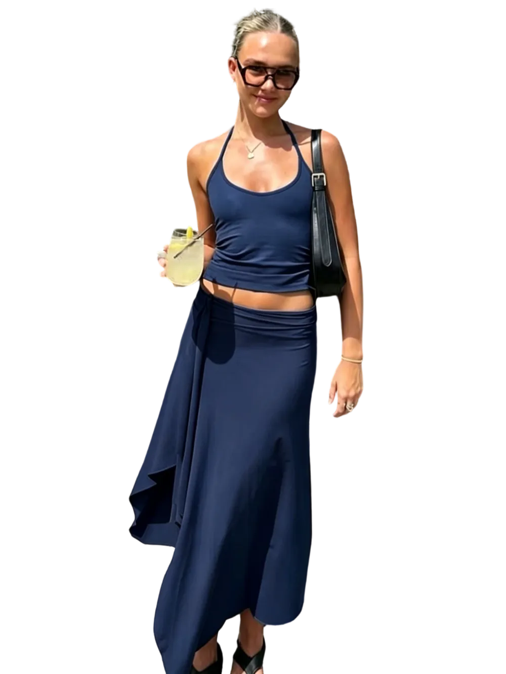 Solid-Color Sleeveless Backless Tie-Strap Camisole and Slim-Fit Side-Slit Maxi Skirt Two-Piece Set