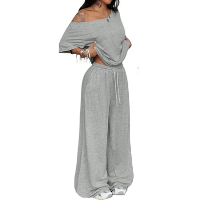 Women's Casual Solid Color Sport Two-Piece Set Loose Long Pants