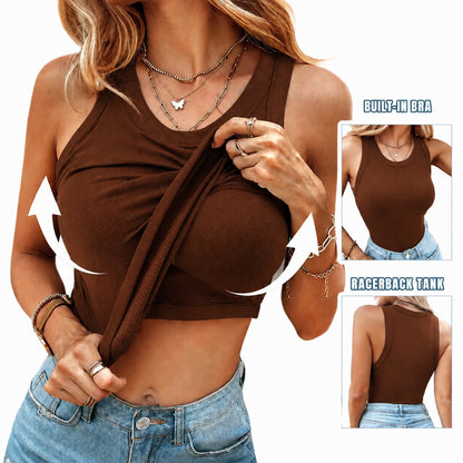 This Week's Special Price🍃Round Neck Built-in Bra Ribbed Tank Top Fit Casual Comfortable💥