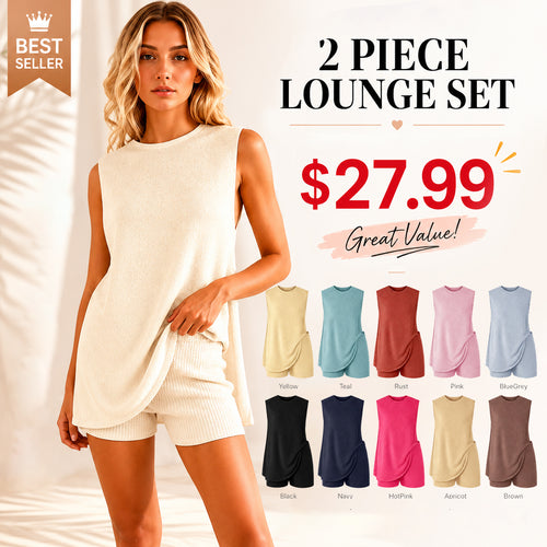 🏆New Style-49%OFF🔥Women's 2 Piece Outfits Summer Knit Sweater Set Sleeveless Tunic Top Matching Shorts