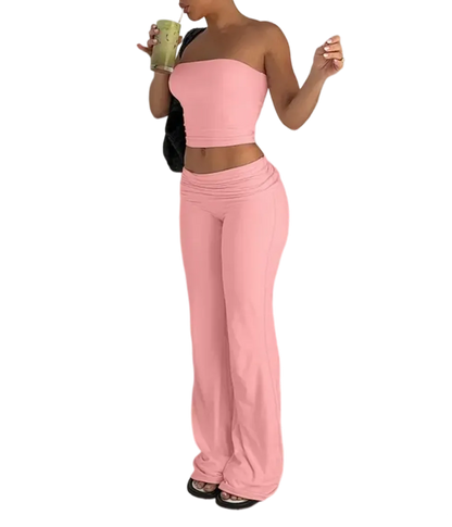 A two-piece set consisting of a cropped bandeau top and wide-leg pants.