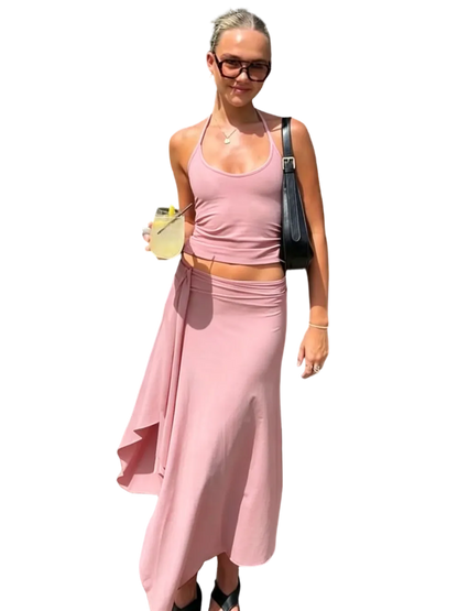 Solid-Color Sleeveless Backless Tie-Strap Camisole and Slim-Fit Side-Slit Maxi Skirt Two-Piece Set