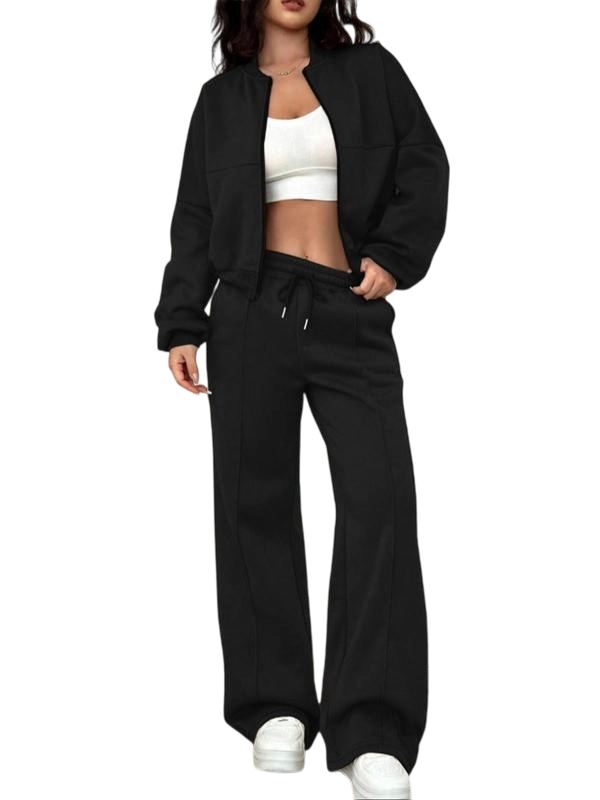 Two-piece Set Women's Solid Zip Up Drop Shoulder Jacket & Pocket Elastic Waist Pants