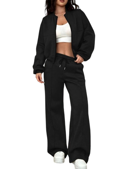 Two-piece Set Women's Solid Zip Up Drop Shoulder Jacket & Pocket Elastic Waist Pants