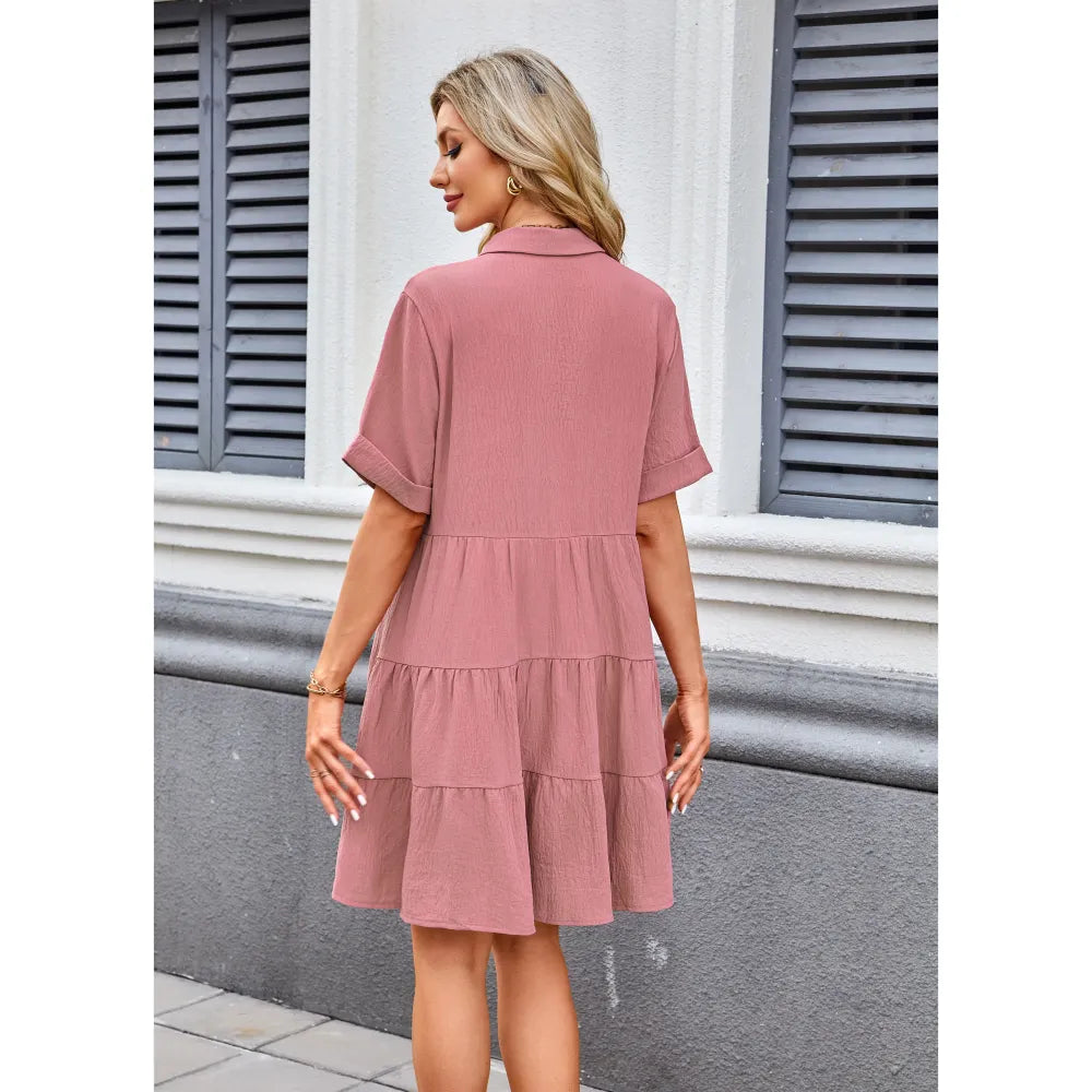 Babydoll Dress for Women Short Sleeve Button Down Textured Non-clingy Loose Fit Flowy Mini Dress with Pockets