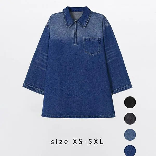 Women's Denim Dress Half-Zip Collared Vintage Washed Blue Loose Fit Long Sleeve