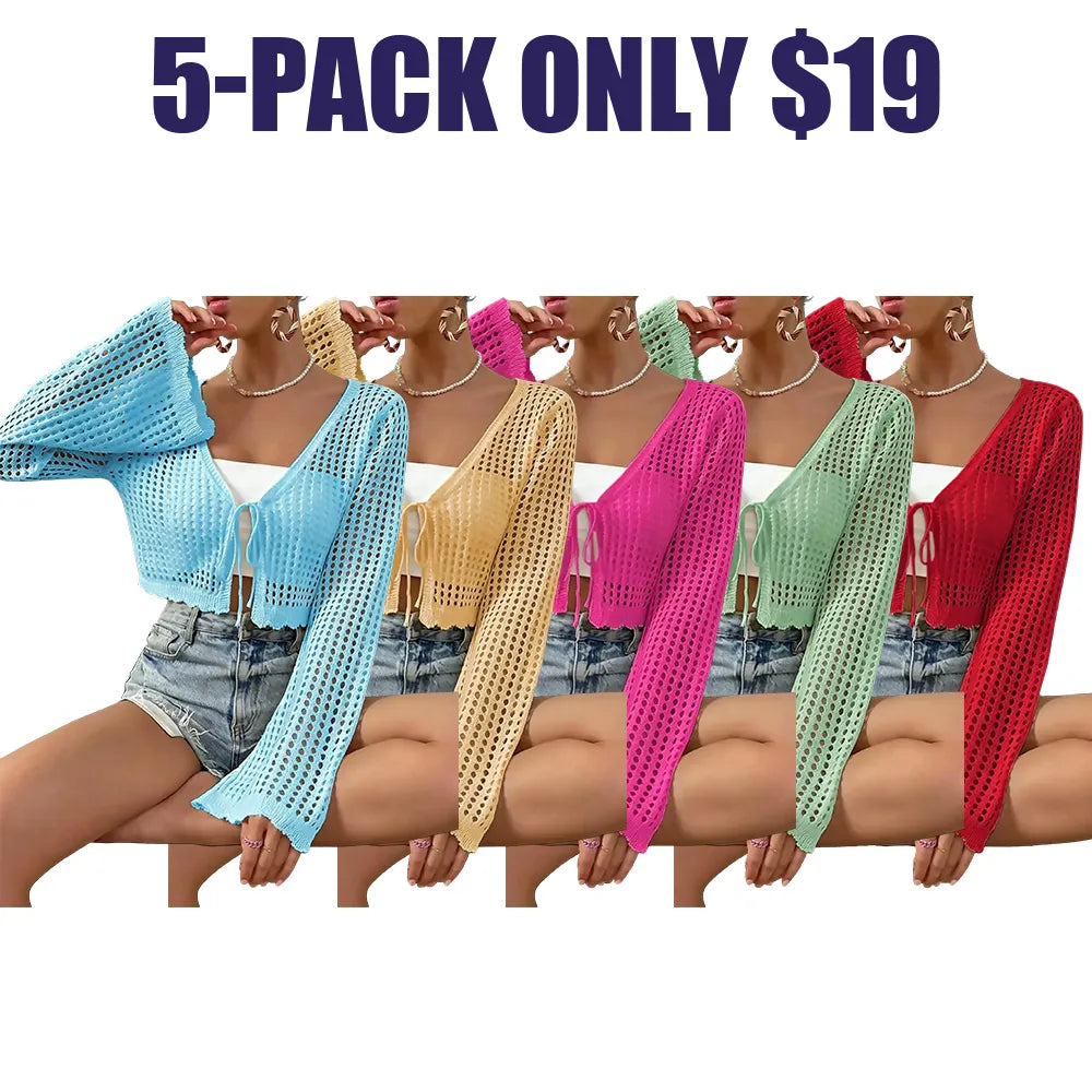 Women's Plain Hollow Out Tie Front Crop Cardigan