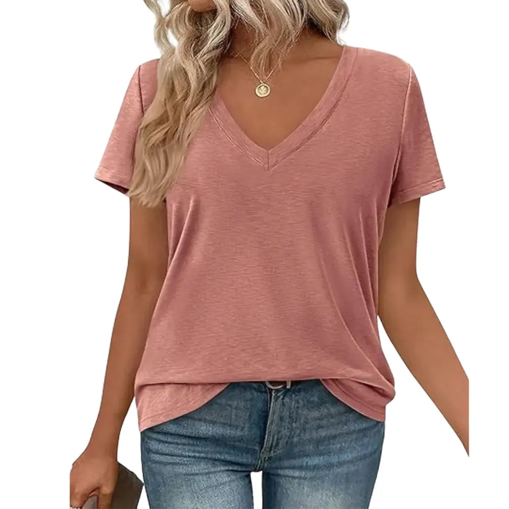 Women's Casual V-Neck Oversized Short Sleeve Loose Basic Tees