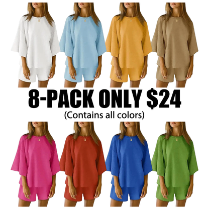 Pajama Sets 3/4 Sleeve Oversized Tops And Elastic Waist Shorts