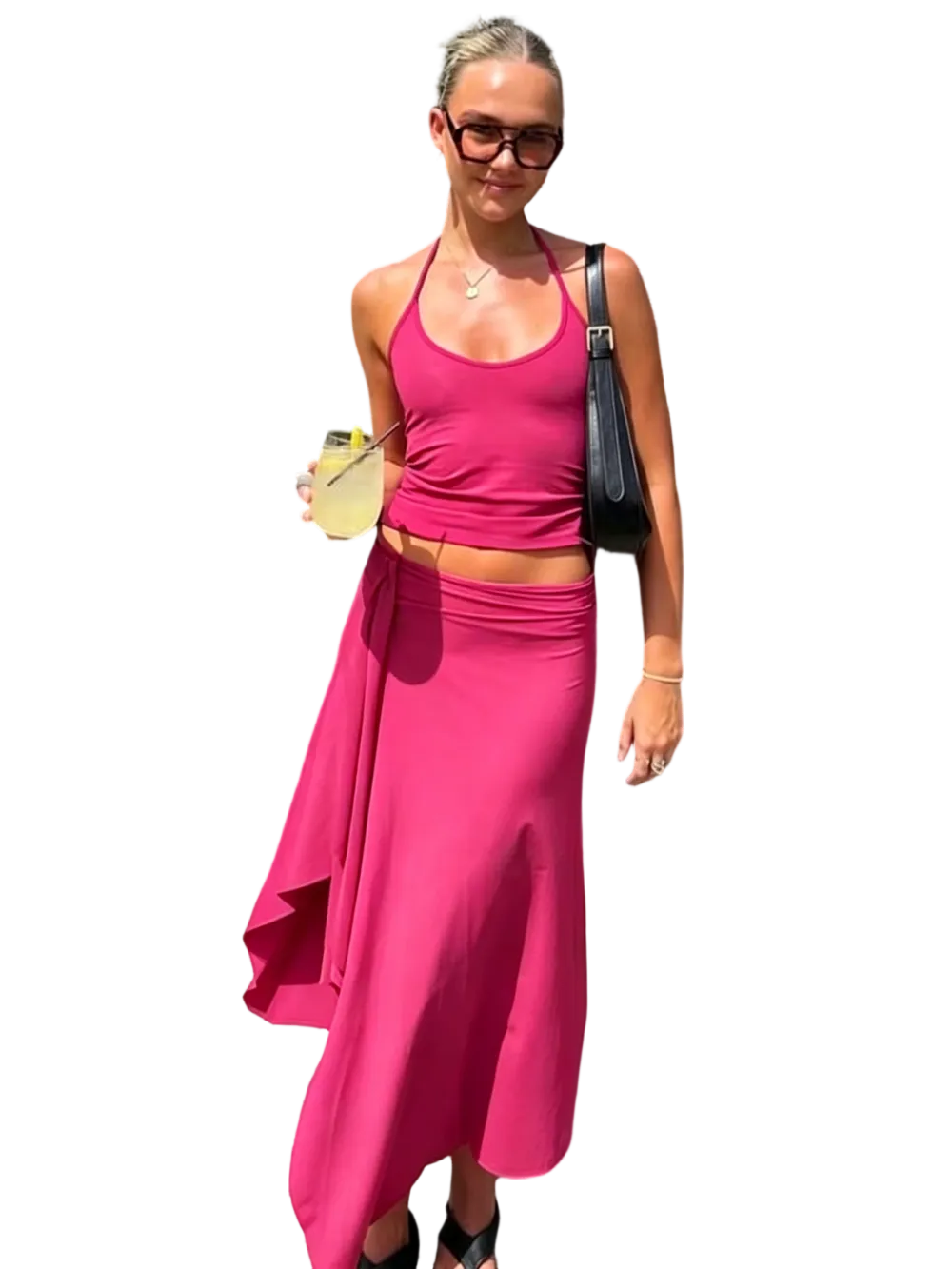 Solid-Color Sleeveless Backless Tie-Strap Camisole and Slim-Fit Side-Slit Maxi Skirt Two-Piece Set