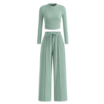 ✨2-Piece Ribbed Knit Long Sleeve Crop Top Wide Leg Pants Lounge Set🔥
