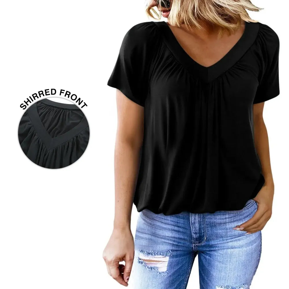 Women's Loose V-Neck Tee – Soft, Shirred Summer Top