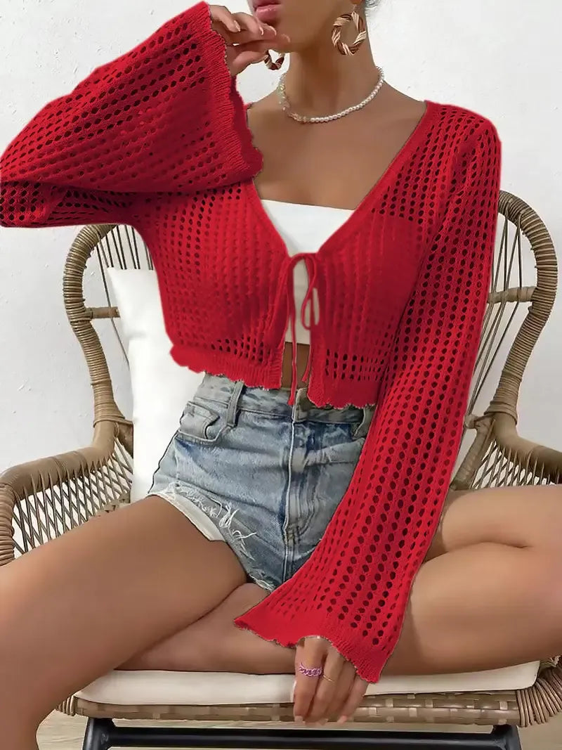 Women's Plain Hollow Out Tie Front Crop Cardigan