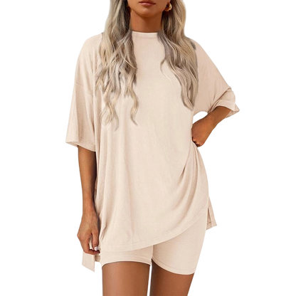 Women's Casual Oversized Crewneck Split Hem Shirts & Side Pocket Shorts Set