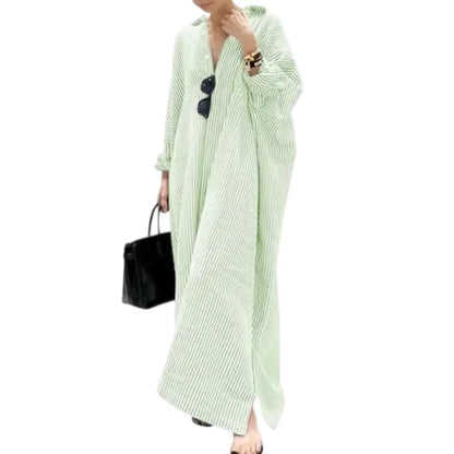 Women's Casual Long Sleeve Button Down Loose Striped Cotton Maxi Shirt Dress