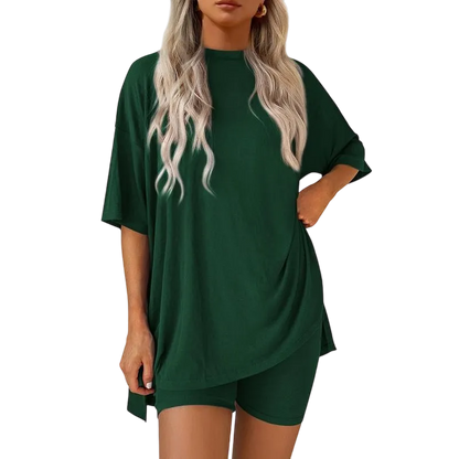 Women's Casual Oversized Crewneck Split Hem Shirts & Side Pocket Shorts Set
