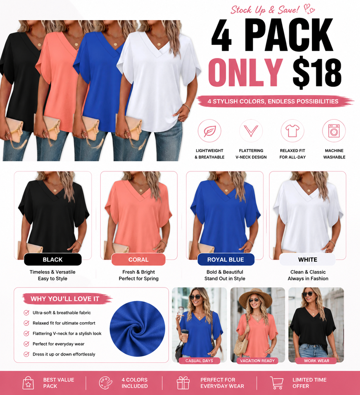 FASHION Womens Summer Tops Short Petal Sleeve Shirts V Neck Outfits Clothes
