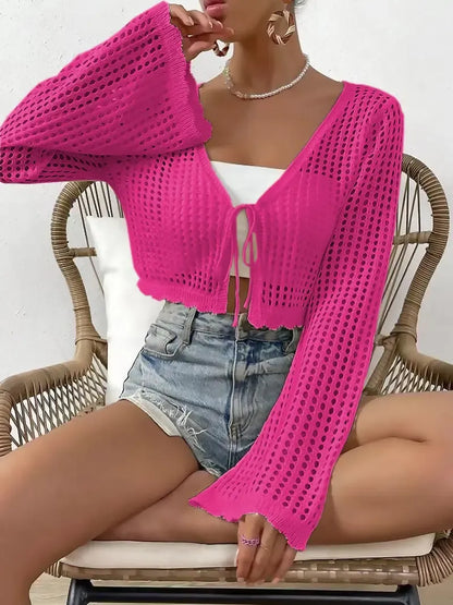 Women's Plain Hollow Out Tie Front Crop Cardigan