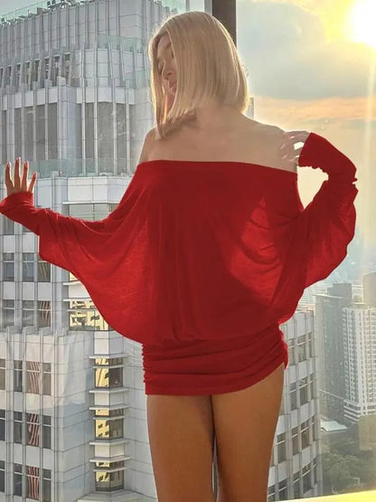 Women's Sheer Ruched Party Dress, Off-The-Shoulder Long Sleeve Women's Mini Dress for Spring & Fall