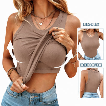 This Week's Special Price🍃Round Neck Built-in Bra Ribbed Tank Top Fit Casual Comfortable💥