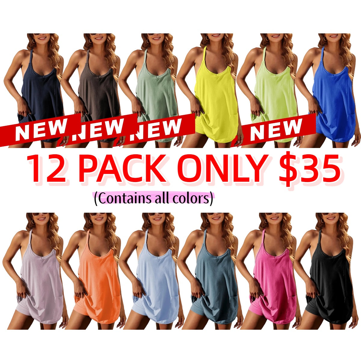 Women's Athletic Sleeveless Mini Dress with Built-in Shorts Summer V Neck Spaghetti Strap Short