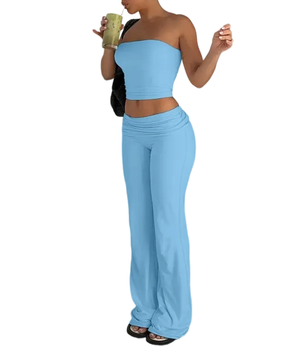 A two-piece set consisting of a cropped bandeau top and wide-leg pants.