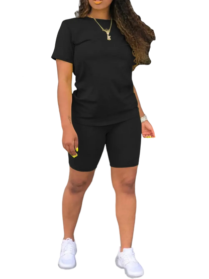 Women's 2-Piece Plain Set: Fitted Crew Neck Tee & Skinny Shorts, Casual Summer Outdoor Outfit