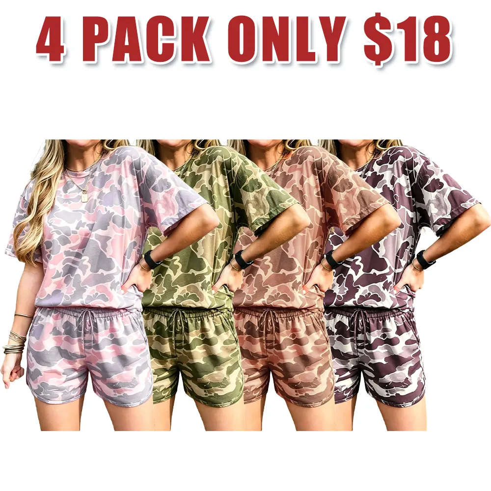 Loose-fitting T-shirt and camouflage print shorts set
