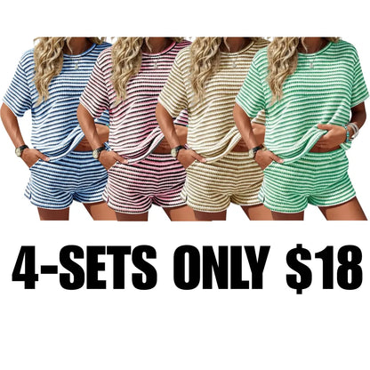 Women's  Striped 2 Piece Outfits Short Sleeve Shirts Tops Knit Shorts Sets