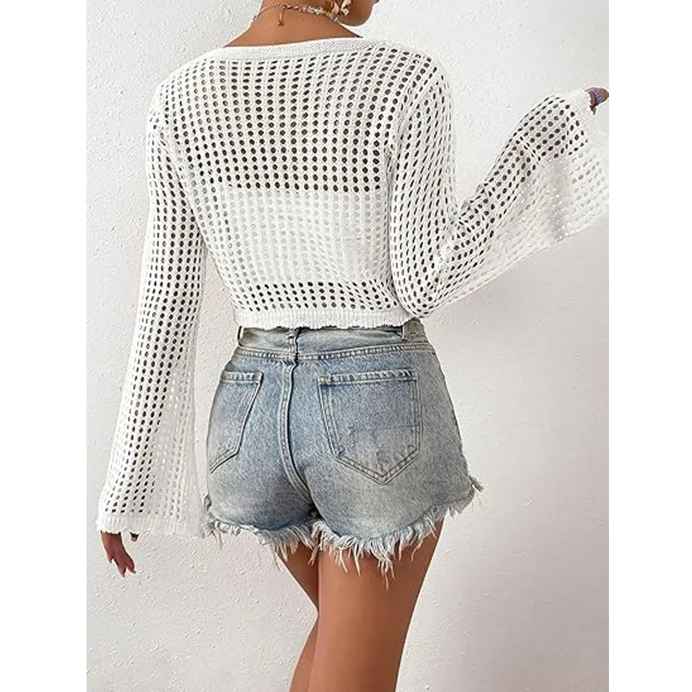 Women's Plain Hollow Out Tie Front Crop Cardigan
