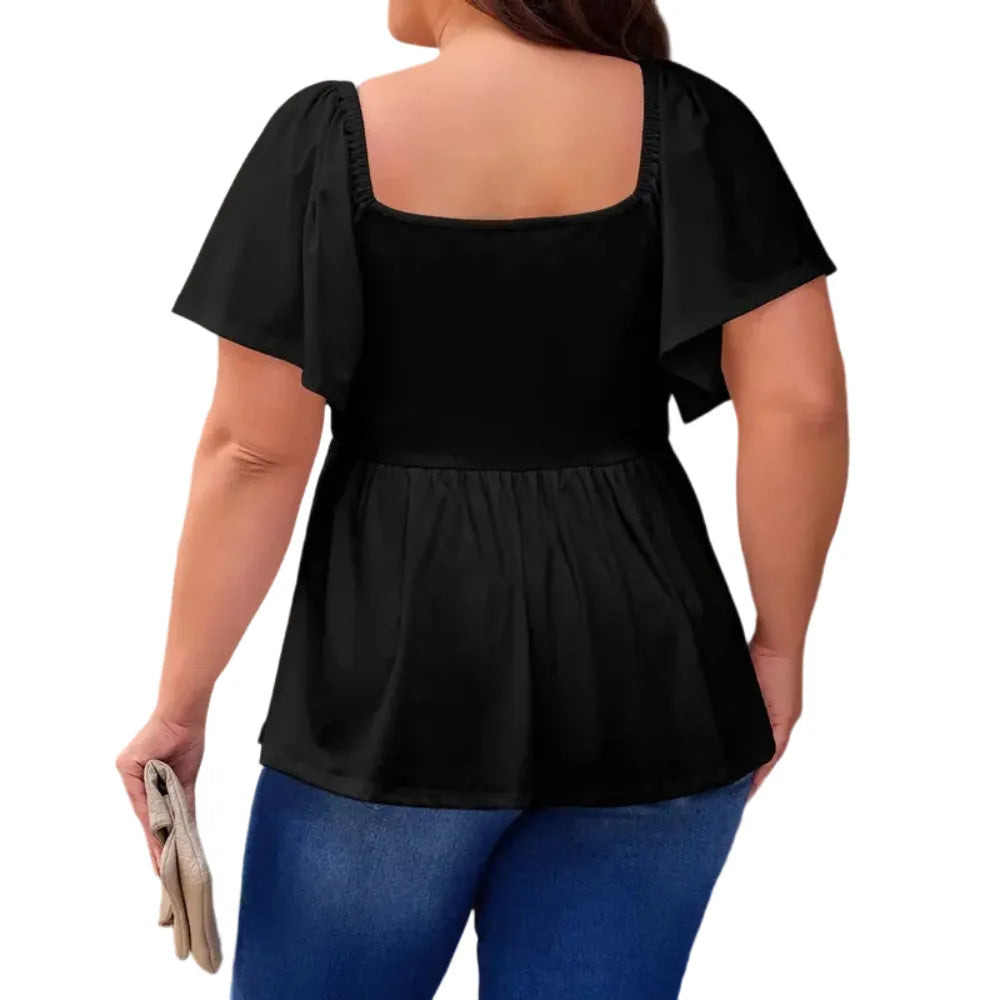 Women's Large-Sized Heart-Shaped Collar Short-Sleeved Ruffled Blouse
