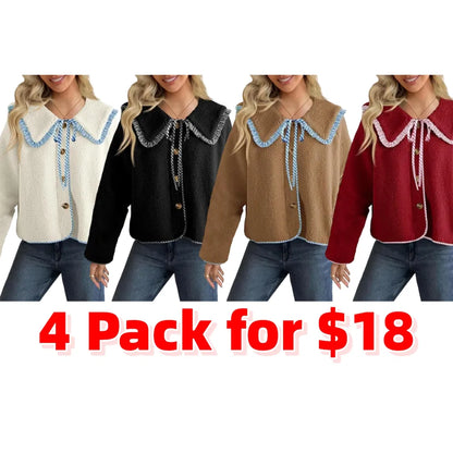 Womens Fuzzy Fleece Jacket Peter Pan Collar Button Down Fall Winter Sherpa Coats