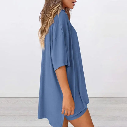 Women's Casual Oversized Crewneck Split Hem Shirts & Side Pocket Shorts Set