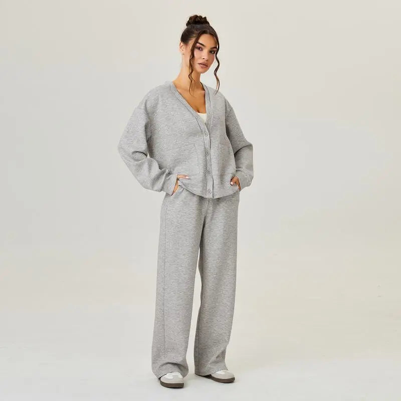 Women's Slouchy Solid Color V Neck Long Sleeve Button Cardigan & Drawstring Waist Trousers Co-ord