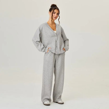 Women's Slouchy Solid Color V Neck Long Sleeve Button Cardigan & Drawstring Waist Trousers Co-ord