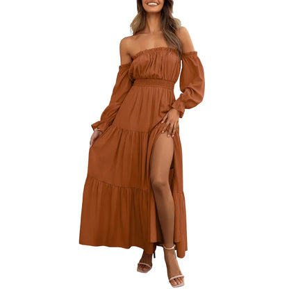 Women's Boho Off Shoulder Long Sleeve High Waist Side Split Long Maxi Dress