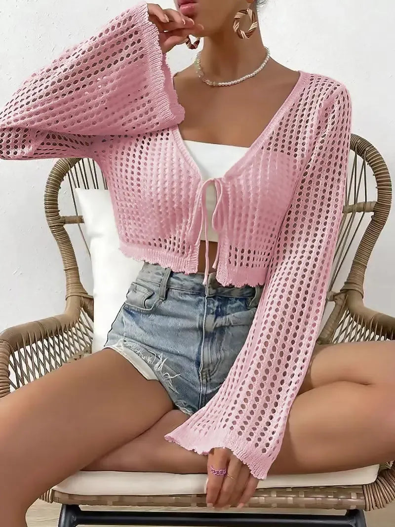 Women's Plain Hollow Out Tie Front Crop Cardigan