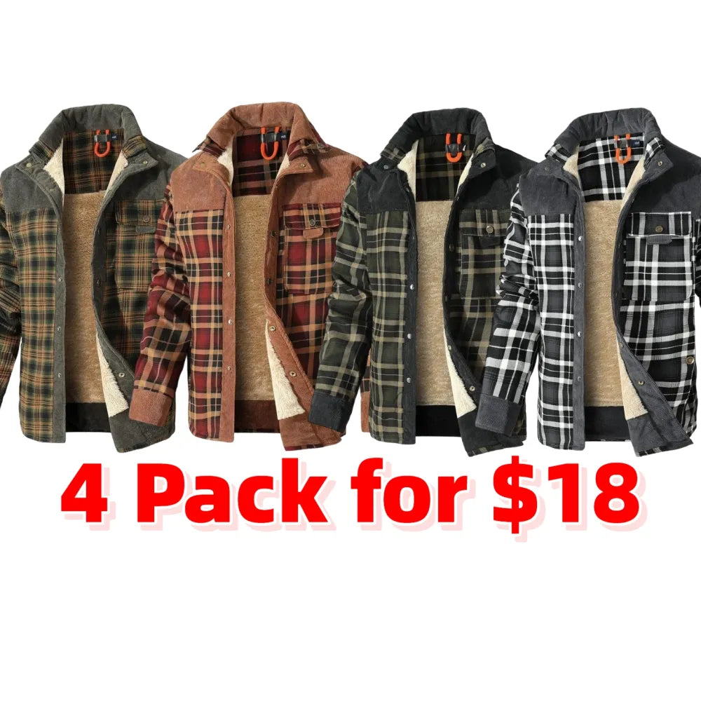 Men's Corduroy Plaid Sherpa Lined Flannel Shirt Jacket Fleece Coat