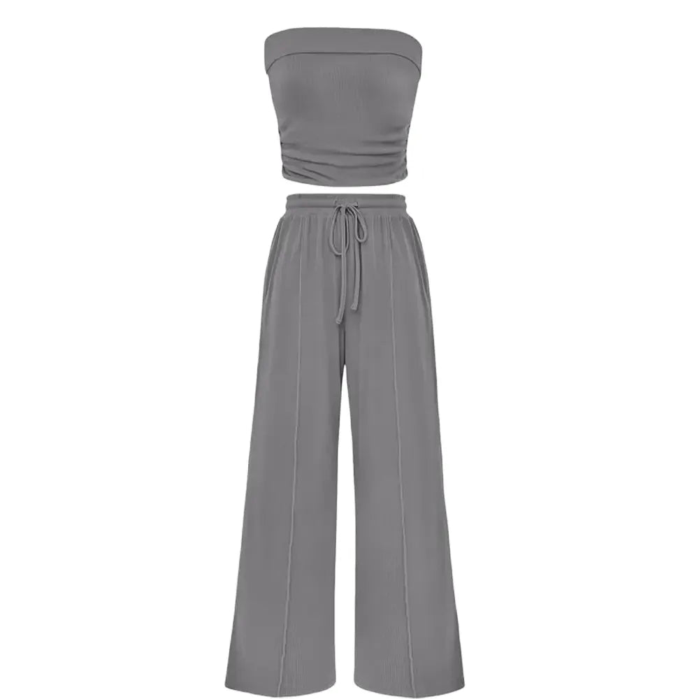 Women's Summer Outfits 2 Piece Sets Casual Ribbed Knit Crop Top & Wide Leg Pants
