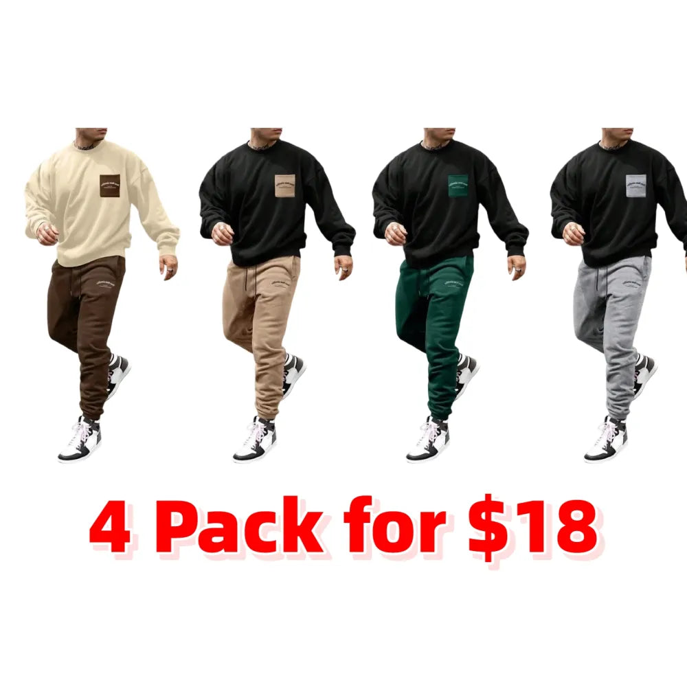 Two-Piece Set Men's Patchwork Drop Shoulder Pocket Sweatshirt & Letter Print Drawstring Sweatpants