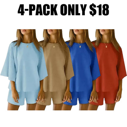 Pajama Sets 3/4 Sleeve Oversized Tops And Elastic Waist Shorts