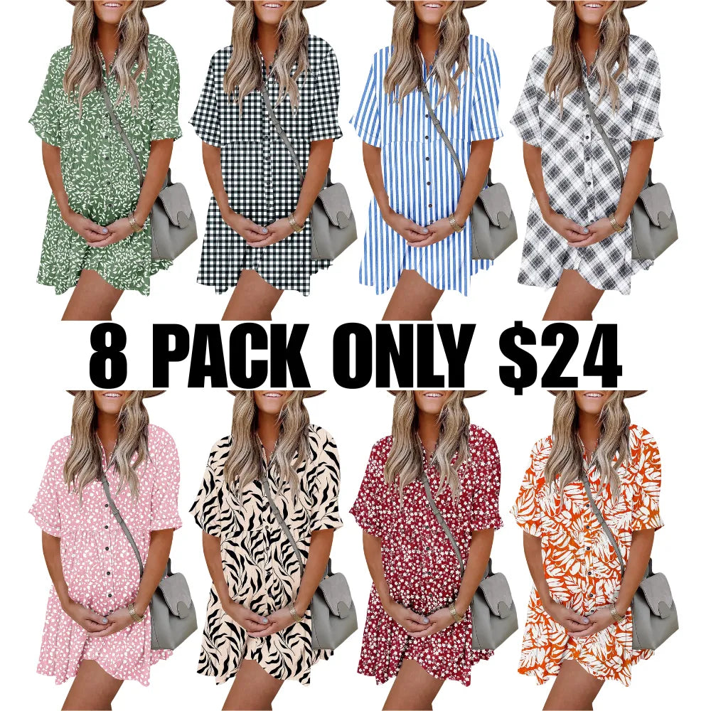 Babydoll Dress for Women Short Sleeve Button Down Textured Non-clingy Loose Fit Flowy Mini Dress with Pockets