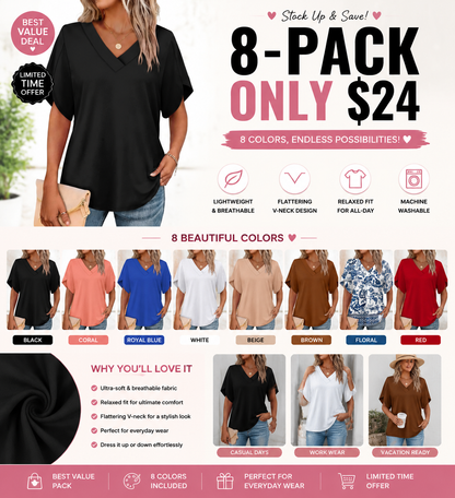 FASHION Womens Summer Tops Short Petal Sleeve Shirts V Neck Outfits Clothes