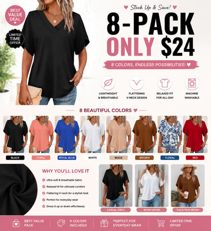 FASHION Womens Summer Tops Short Petal Sleeve Shirts V Neck Outfits Clothes