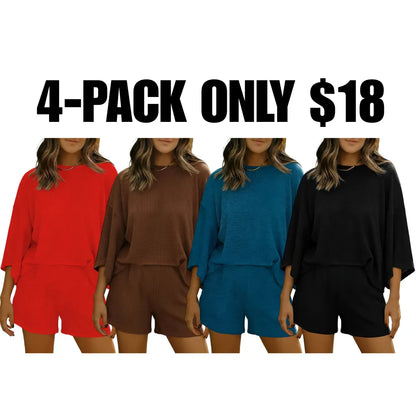 Womens Short Sets 2 Piece Sleeve Tops and Elastic Waist Shorts