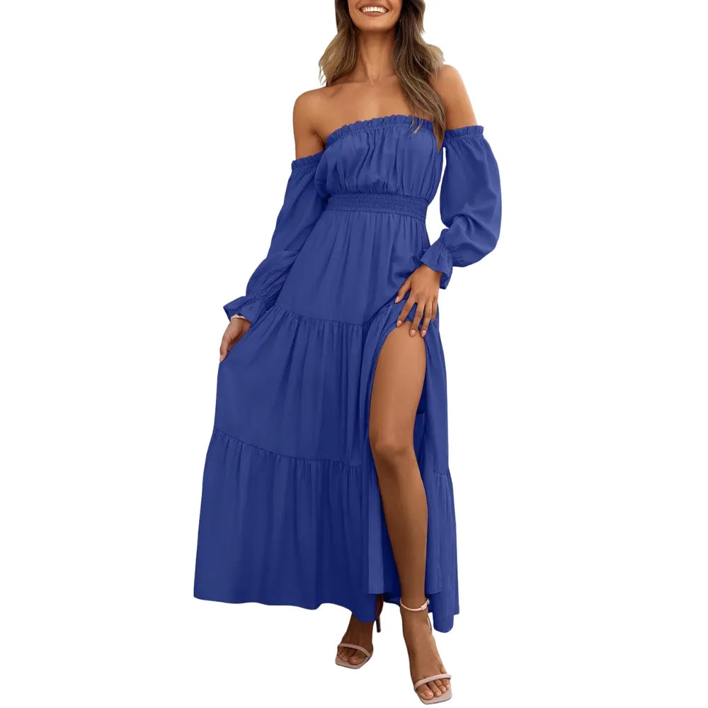 Women's Boho Off Shoulder Long Sleeve High Waist Side Split Long Maxi Dress